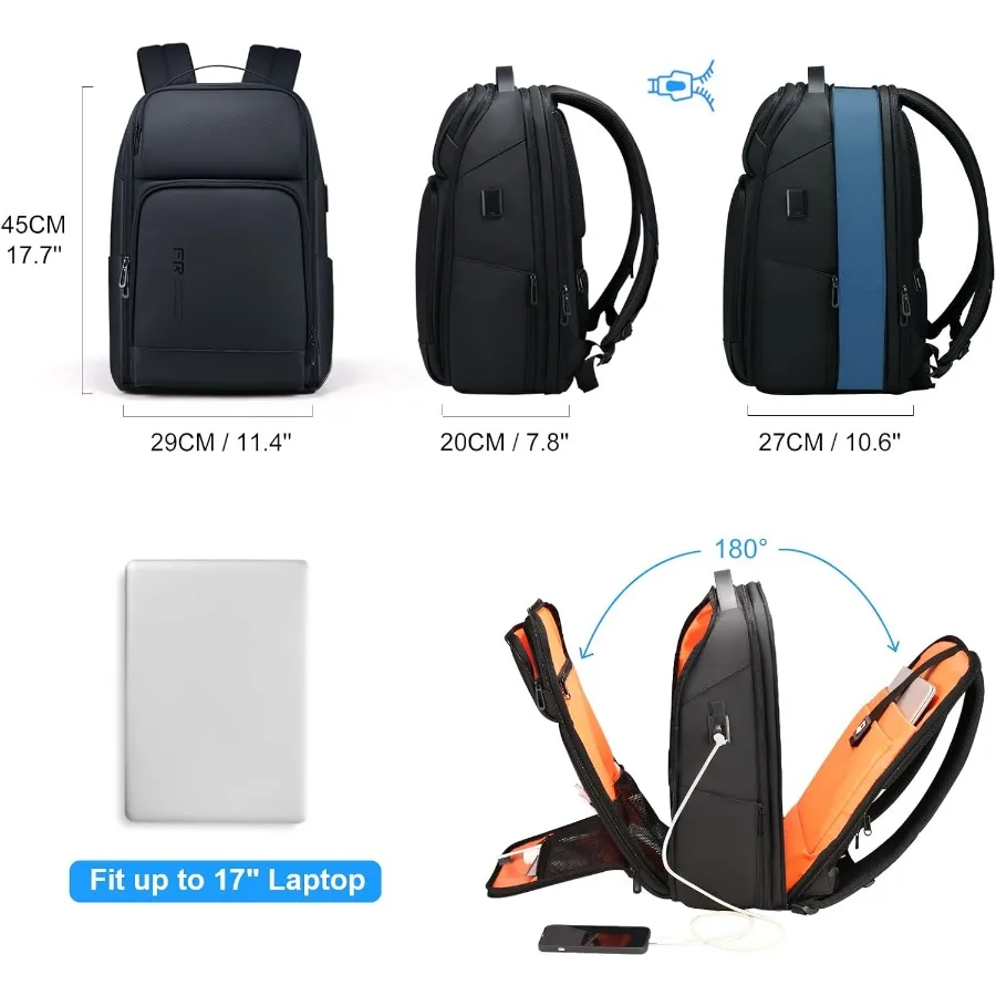 FENRUIEN 17 Inch Travel Backpack for Men Expandable Water Resistant Computer Backpack with USB Port Black Laptop Bag for Busine