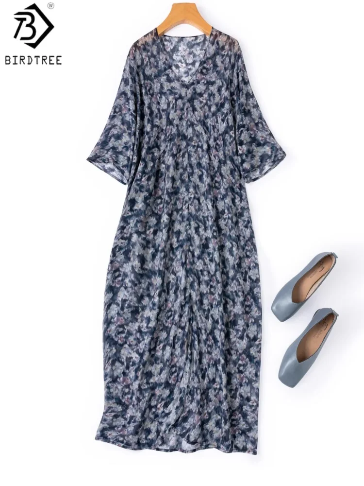 

Платье BirdTree из 100% шелка с принтом, прозрачное, с рукавами «летучая мышь» и V-образным вырезом, женское платье из жоржета для отпуска, новинка весны 2026 D63019JF