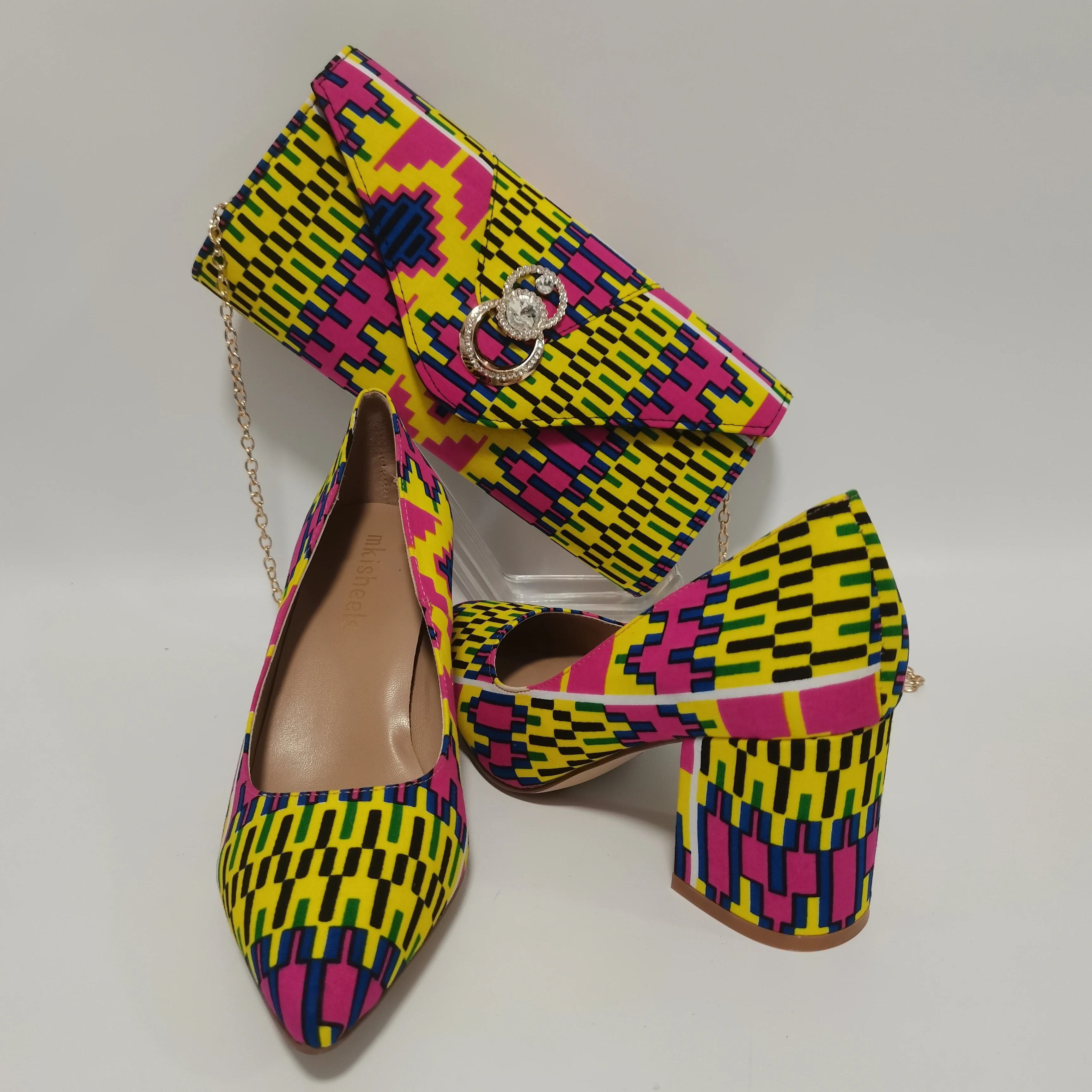 New Pretty Shoes And Purse African Kente Wax Prints Fashion Ankara Bag Match Wax Fabric Women High Heels Shoes 37-42  For Party