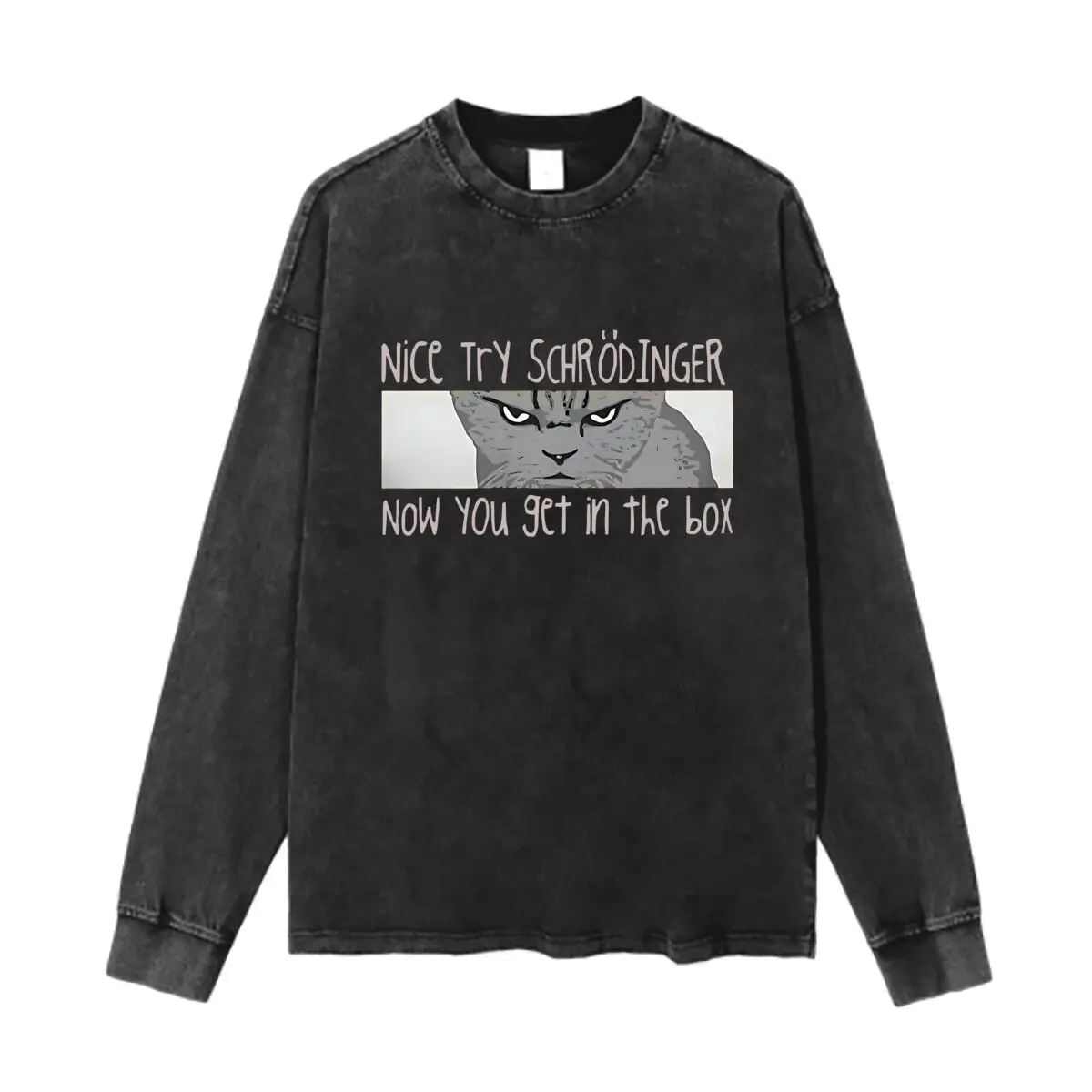 

Шурödinger's Cat Humor Nice Try Schrödinger Art Ретро Oversize Винтажная футболка с длинными рукавами Повседневная уличная повседневная одежда
