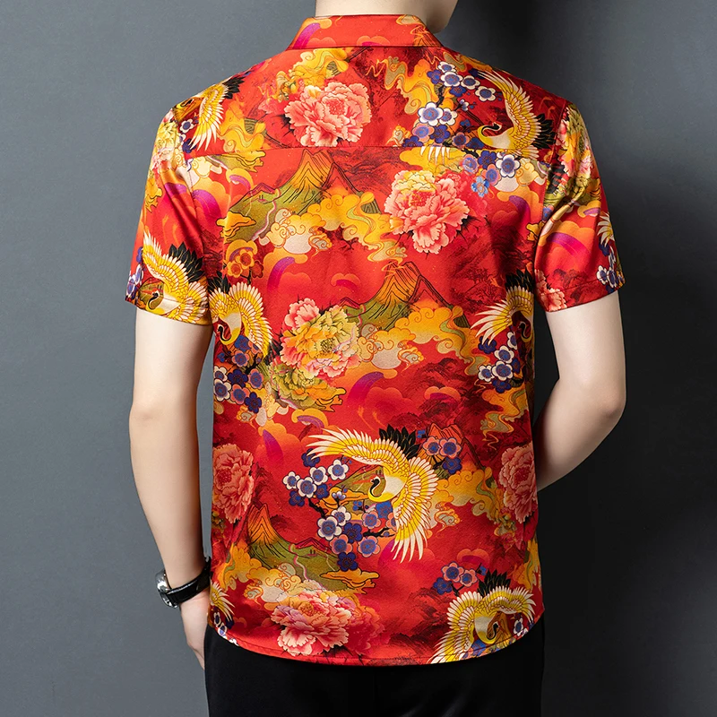 Totem Print High-End Shirts For Men Short Sleeve Real Silk 92.5% Summer Quality Lightweight Breathable Premium Camisas De Hombre