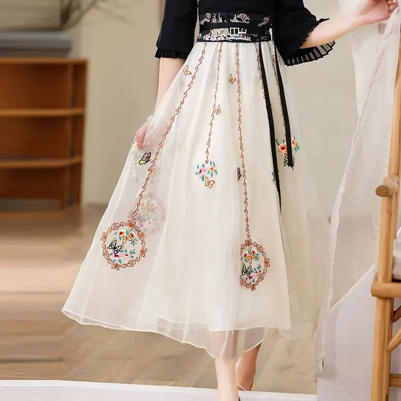 Vintage Chinese Style New Summer Women\'s Embroid Patchwork Elastic Waist Temperament Elegant Versatile Mid Length A-line Skirts