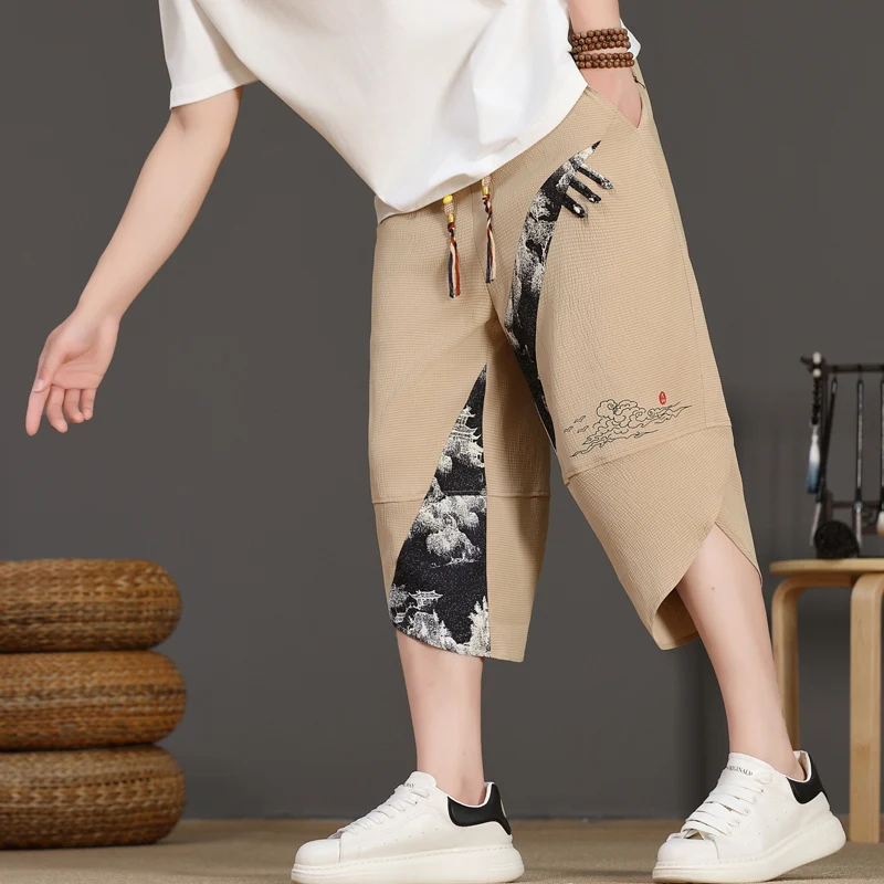 

New Summer Chinese Sle Loose Ice Silk Seven-Foot Pants Men's Casual Thin Breathable Versatile Beach orts Harlan Pants