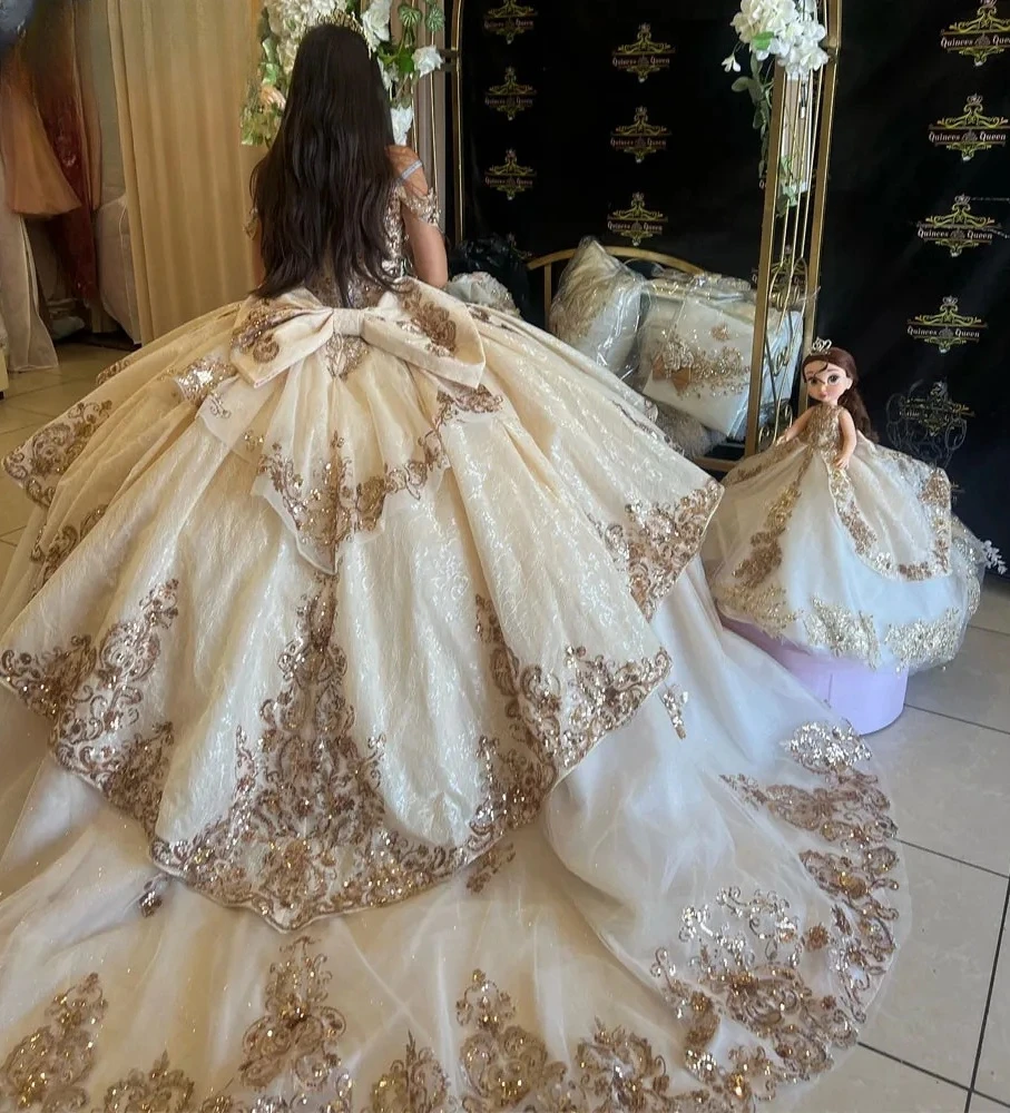 فستان أميرة الشمبانيا Quinceanera ، ثوب حفلة ، مكشوف الكتف مزين ، حلو 16 فساتين ، 15 سنة ، مكسيكي