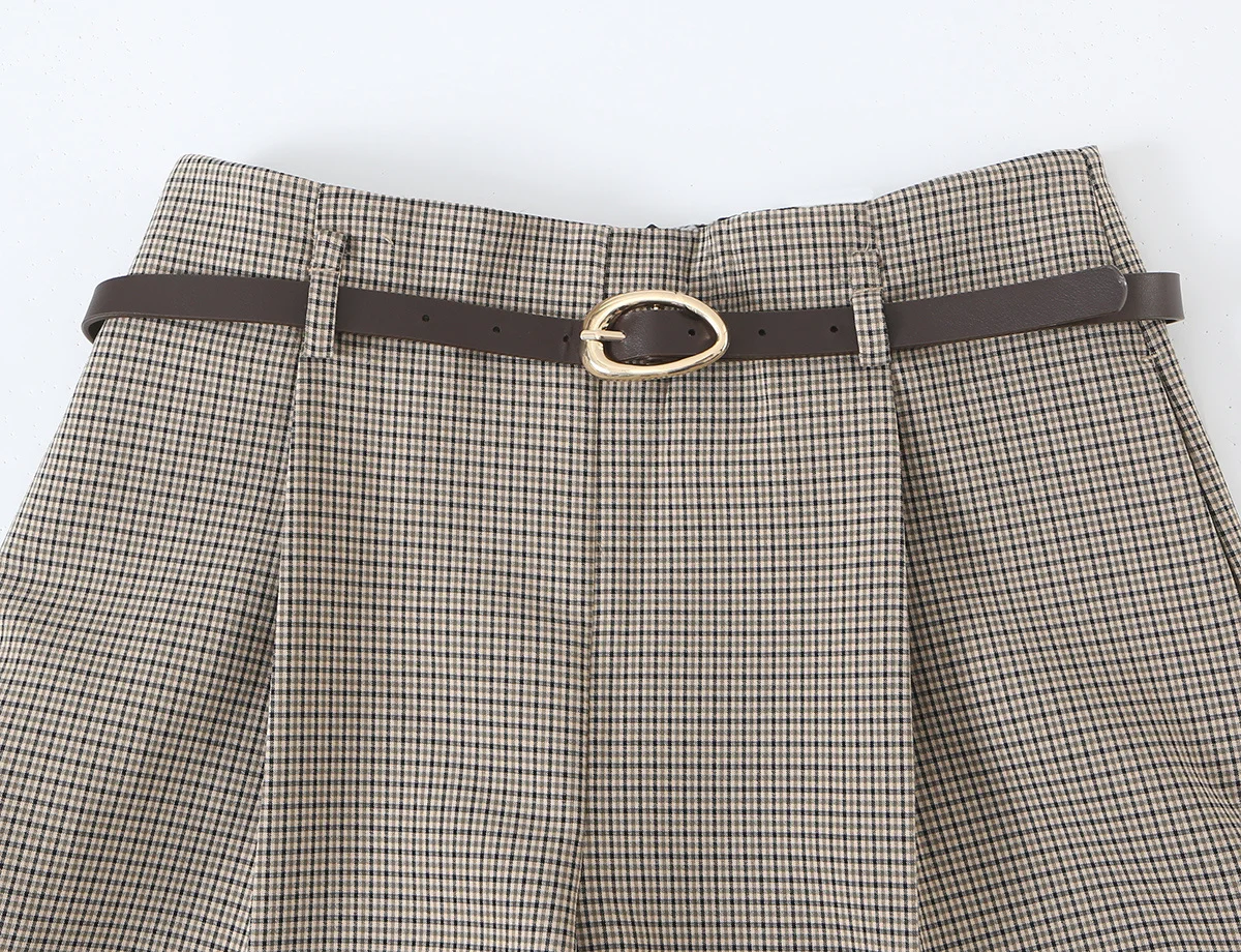 KONDALA Mode 2026 Damen Karierter Khaki-Herbstanzug O-Ausschnitt Zweireihige Weste + Gürtel Lange Hose Vintage Büro-Dame Schicke Sets – Detail 17