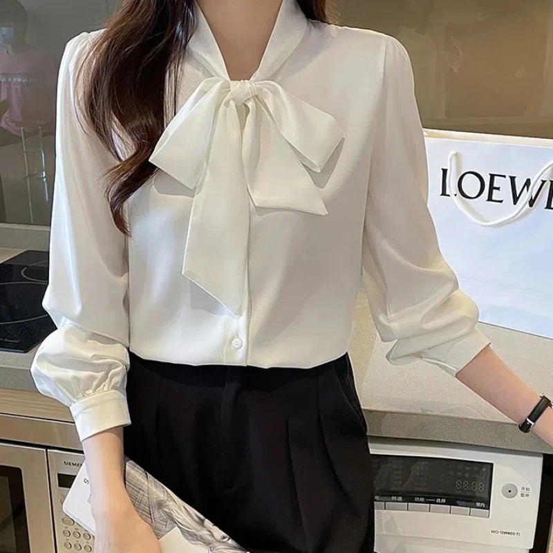 Korean Lacing Loose Solid Blouse Spring Autumn New Chiffon Long Sleeve All-match Elegant Shirt Tops Fashion Office Women Clothes