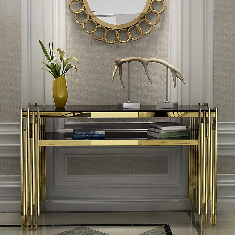 TieHo-Luxury Gold Hallway Console Table, Living Room Porch Table,Tempered Glass Entry Table, Home Furniture, Metal Cabinet Table