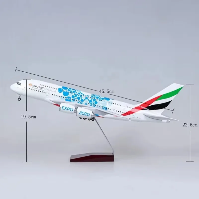 46cm modèle d'avion a380 Emirates Aviation Expo 2020 Dubai Airlines résine avion jouet avec roue lumière LED Collection cadeaux