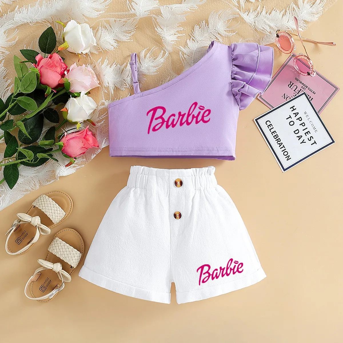 Barbie Children Clothing Kawaii Soft Summer Suit Y2K Girls Slanted Shoulders Suspender Top Shorts All Match Loose Short Sleeve