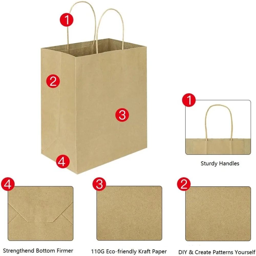 50 Pack 8x4.75x10 Inch Brown Kraft Paper Bags with Handles for Gift, Shopping, Party, Wedding Favors, Retail, Grocery - Natural Plain view 3