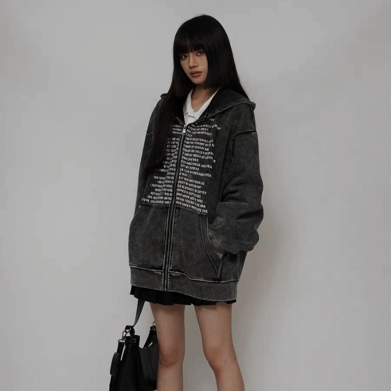 

Американская винтажная куртка с длинным рукавом, потертое женское повседневное пальто в стиле панк, уличная одежда Y2k, молния с буквенным принтом, осень 2021, осень