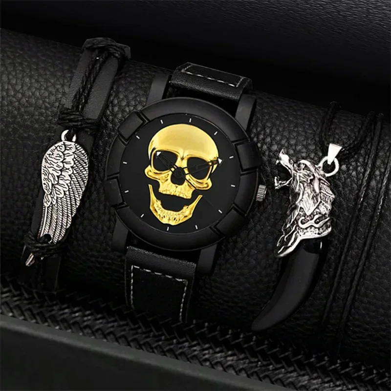 Luxury Mens Skull Watches Classic Men Business Leather Quartz Wristwatch Fashion Male Black Necklace Bracelet Watch