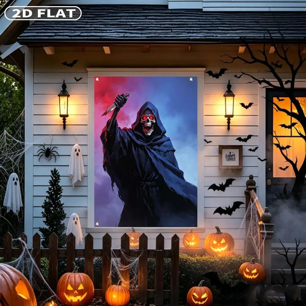 2D FLAT 1pc Party Banner, Halloween Window Cover with Grim Reaper Holding Knife Glowing Red Eyes,122x88cm, Polyester