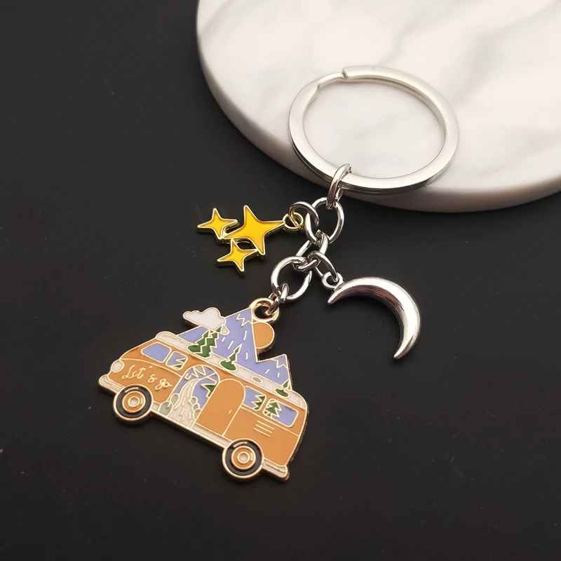 New Fashion Enamel Keychain Moon Star Sightseeing Bus Keychain Camping Keychain Camper Handmade Jewelry Gifts