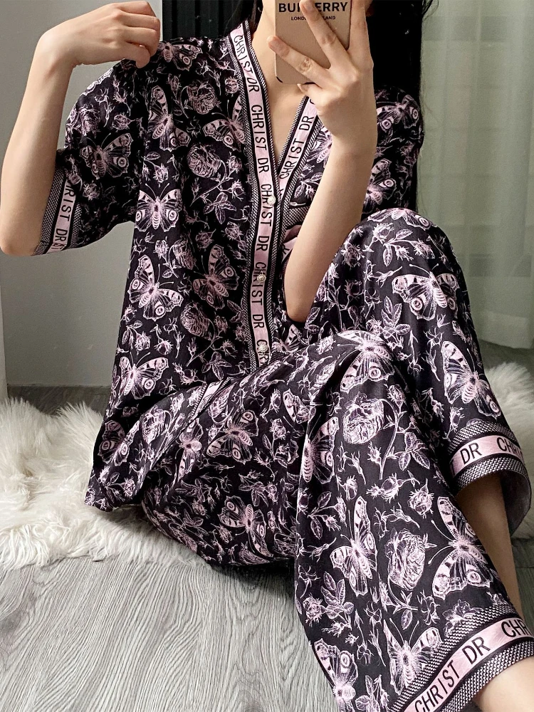 Summer Light Purple Printed 3-Piece Pajama Set Women 2024 New High-Quality Ice Silk V-Neck Top+Shorts+ Pants Thin Home Clothing