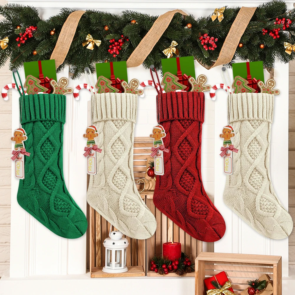 

Personalized Christmas Stocking with Leather Patches Stocking Gift Bag Large Capacity Xmas Stocking Candy Bag for Kids