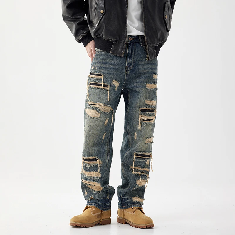 American heavy craft hole jeans men influx of loose straight pants street gangster handsome retro patches washed pants