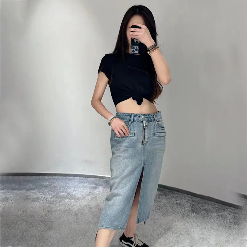 ZOCI rok Denim pas badan wanita, rok Denim setengah ritsleting, pinggang tinggi menengah, pas badan, Pasar Baru