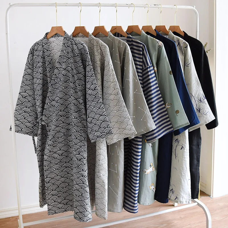 japanese-cotton-gauze-bathrobe-men's-large-size-kimono-nightgown-spring-and-summer-thin-pajamas-lace-up-yukata-sweat-steam-hot-s