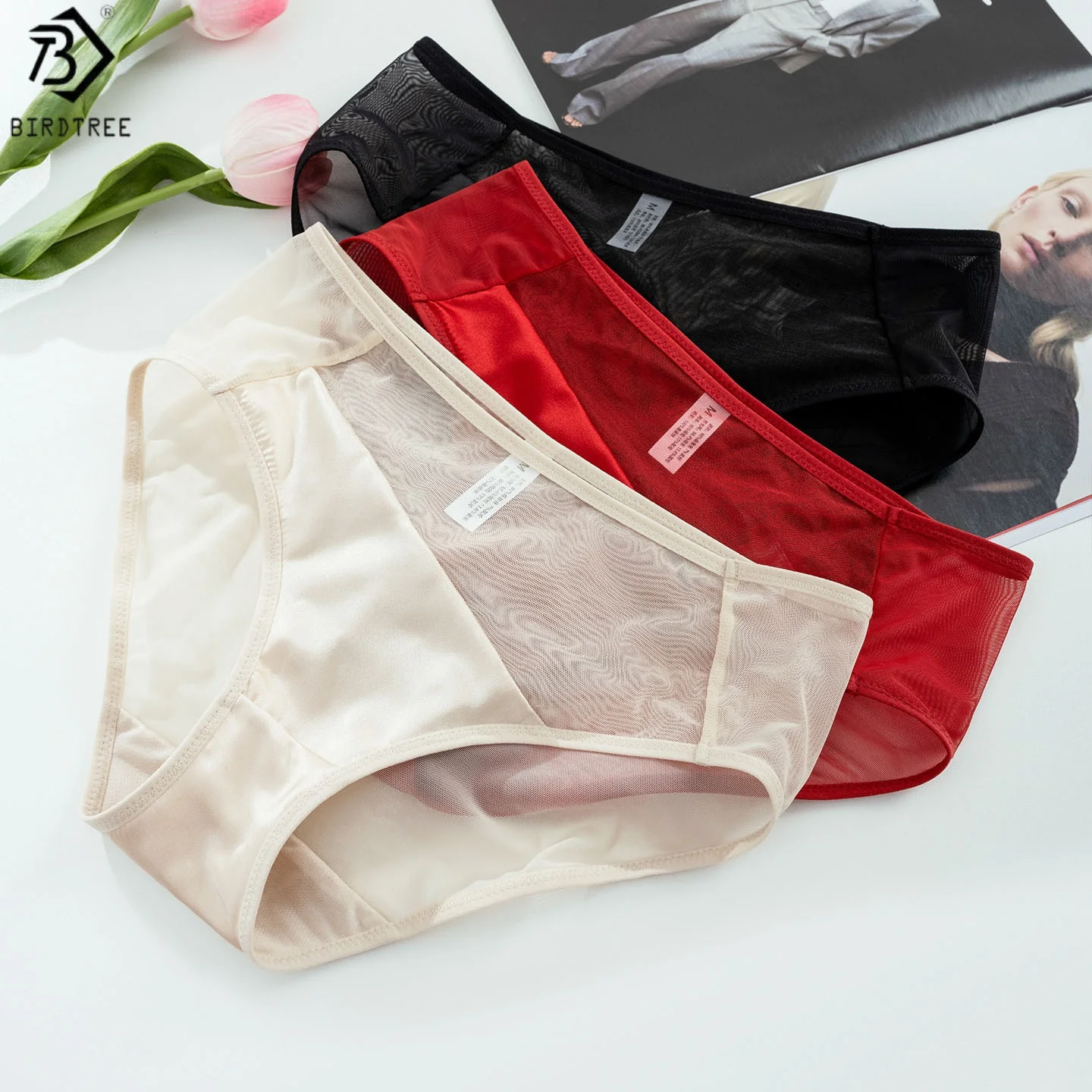 

Трусики Birdtree, 19 мм, 93% шелк, 7% спандекс, женские, со средней посадкой, косой крой, дышащие, модель A59111JF, новинка 2025 года