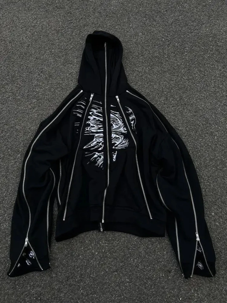 

American New Street Trendy High Craft Dark Harajuku Y2K Multi Zipper Hat Loose Men's and Women's Hoodies