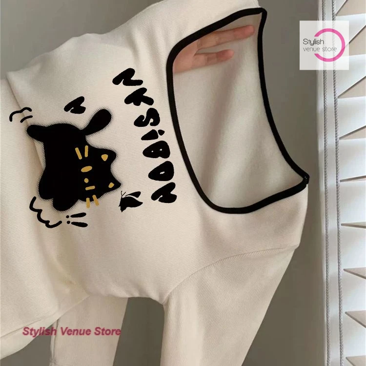 

Korean style cartoon kitten design sense square collar long sleeve T-shirt women's spring and autumn short bottoming shirt top