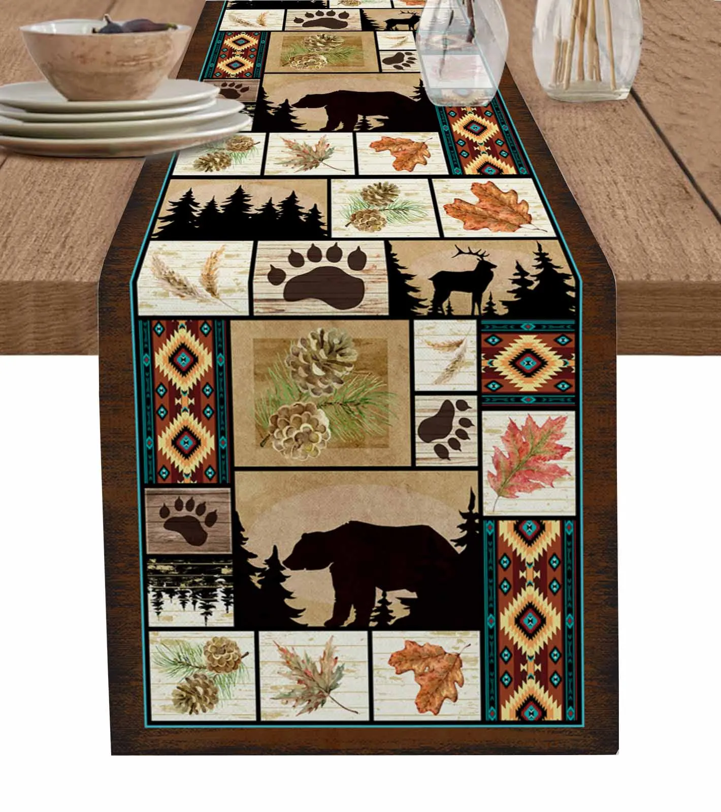 Forest Bear Deer Maple Leaf Pine Fruit Bohemian Vintage Table Runner Wedding Table Mat Centerpieces Decor Dining Long Tablecloth