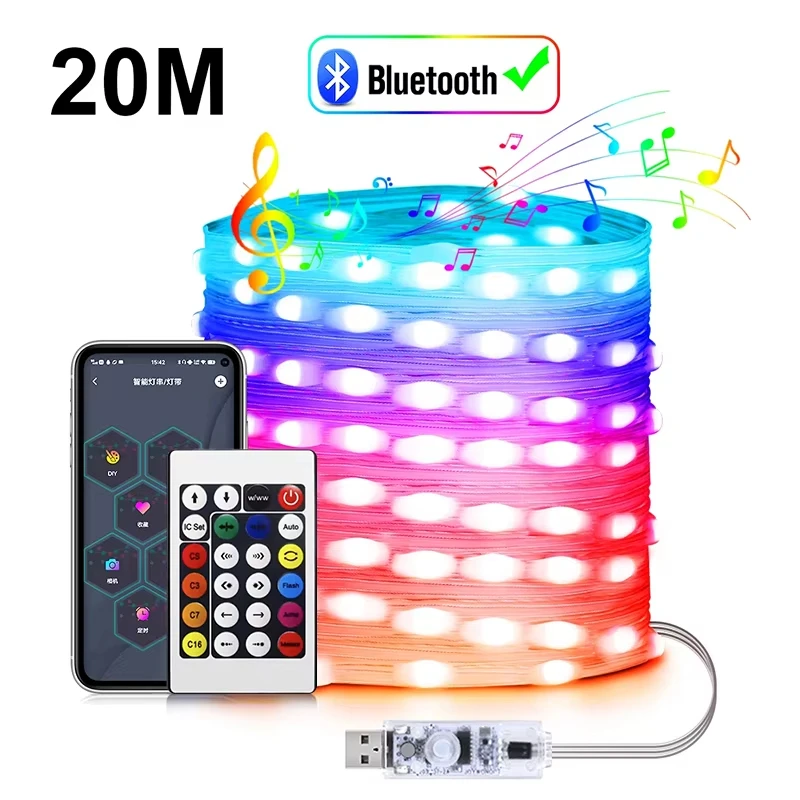 20M RGBIC LED String WS2812B Bluetooth USB Music Dream Color Light 5V Christmas Birthday Party Garland Decor Fairy Lights Home