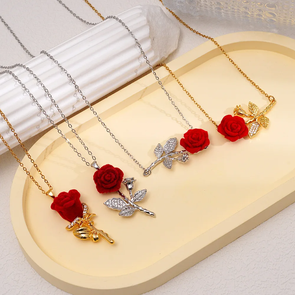 Romantische Rosen-Halskette für Frauen, modisch, schlicht, ästhetisch, Blumen-Zirkon-Anhänger, goldfarbene Kette, Valentinstagsgeschenk, Party-Schmuck – Detail 5