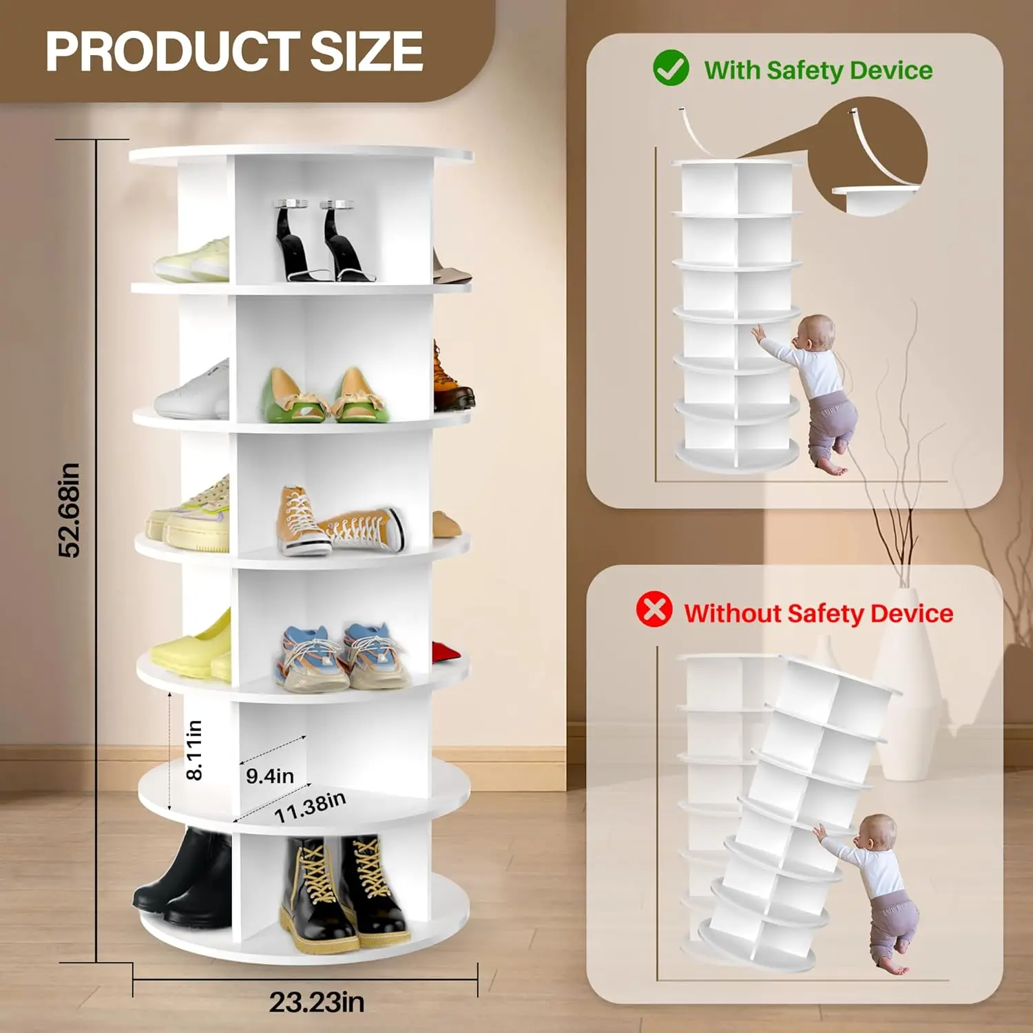 Rotating Tower 6-Tier Spinning Shoe Rack Free Standing 360° Revolving Shoe Organizer Lazy Susan Fits 24 Pairs of Shoes Entryway