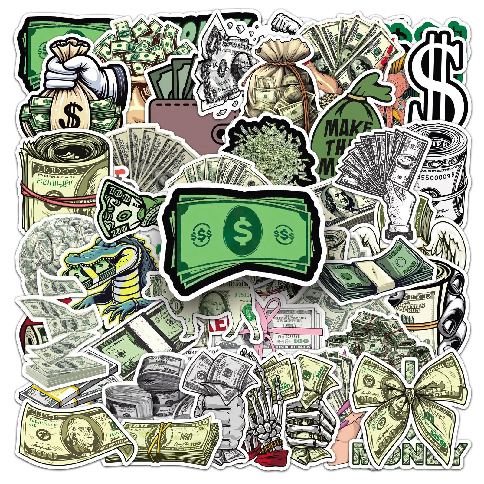 

50PCS Cartoon Dollar Stickers Currency Money Symbol Graffiti Decorate DIY Notebook Suitcase Phone Fridge Water Cup Guitar Toys