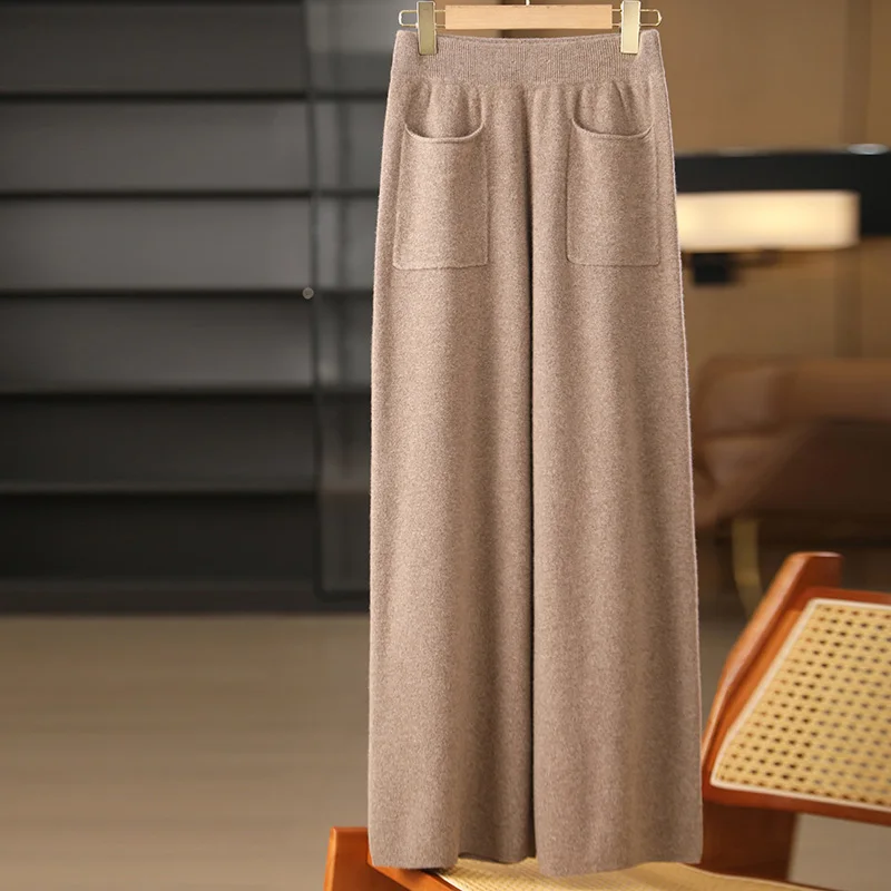 

Women Cashmere Pants Basic Casual Wide Leg Pants Autumn Winter 100% Merino Wool Knitwear Soft Bilateral Pockets Trousers