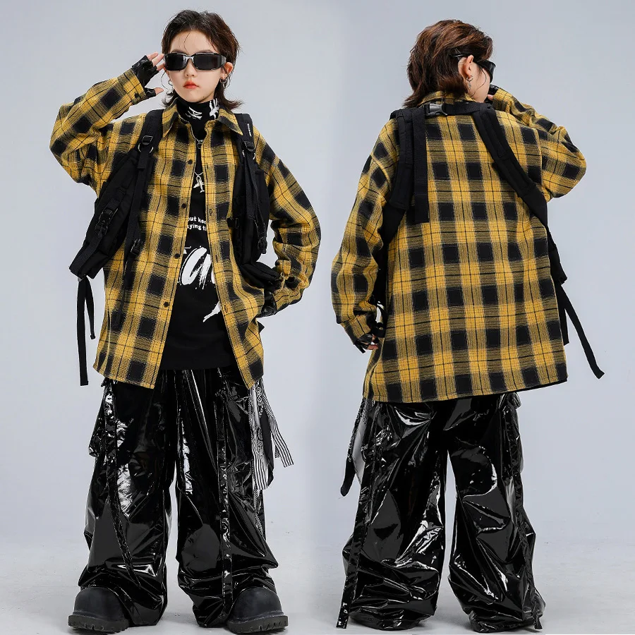

Children Boy Girl Streetwear Hip Hop Loose Casual Long Sleeve Plaid Shirt Pant Sets Kids Suits Performance Costume Stage Clothes