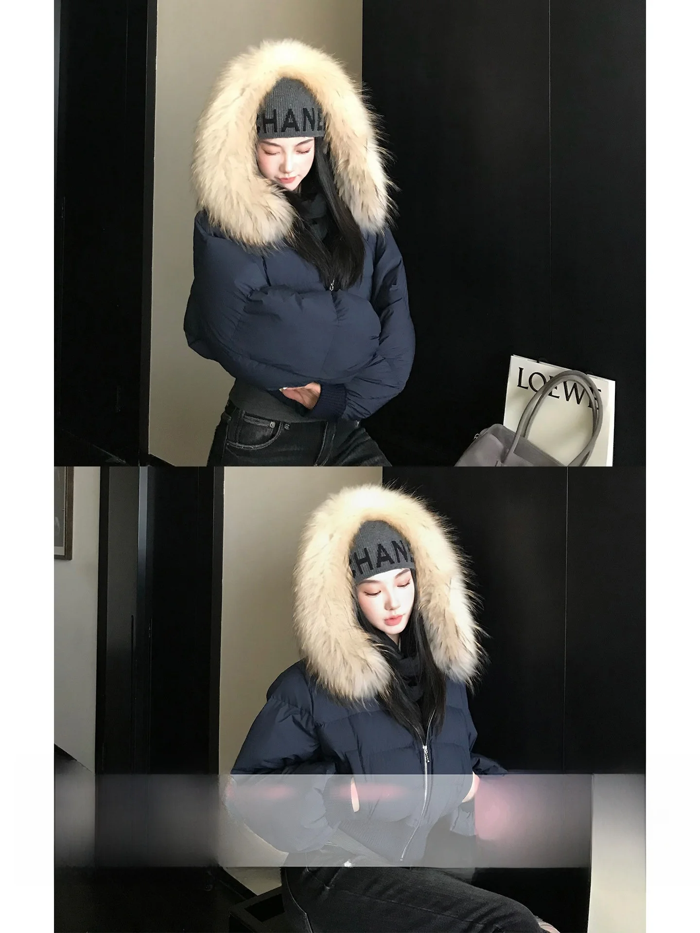

Ele White Du down Puffer Jaet with Hood Large Fluffy Collar Korean Sle Loose Fit Warm Commute Faion for Women