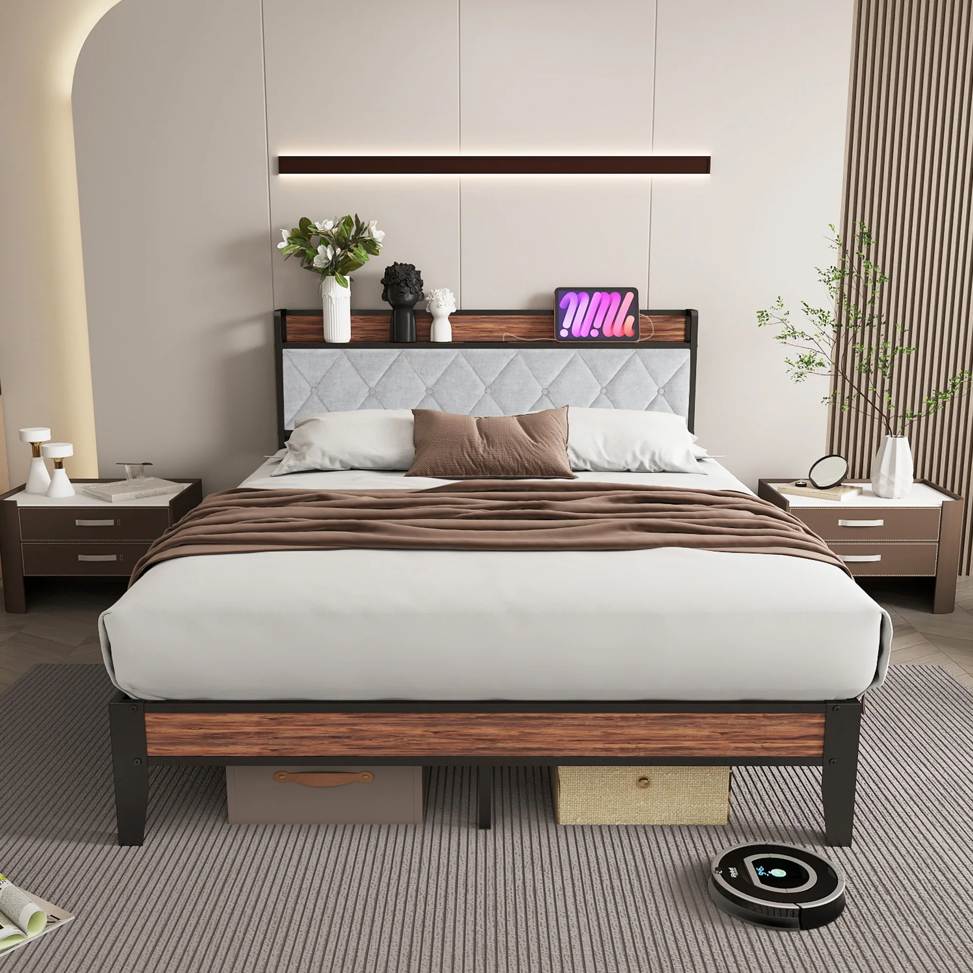JHK King Size Soft Pack Heavy Duty Metal Bed Frame with Headboard Charging Station 1100lbs Capacity Easy Assembly For Bedroom image 2