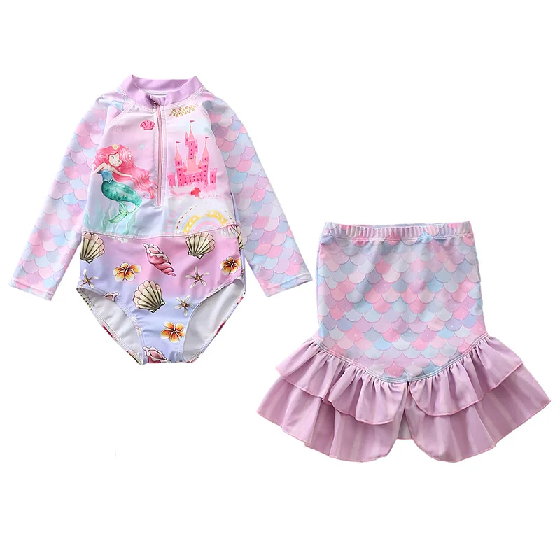 HappyFlute 2PCS Sets Girls Split Mermaid Prints  Long sleeve With Fishtail Skirt Beach Swimsuit