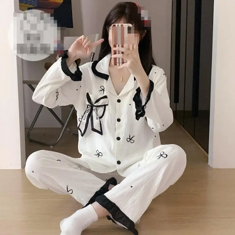 Women's Long Sleeved Long Pant Pajama Set for Girls In Spring Autumn New Sweet Cardigan Home Clothe for Women Soft Two-Piece Set