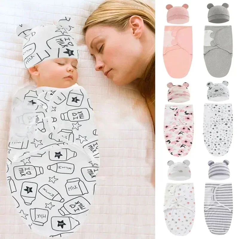 Conjunto de gorro y manta para bebé, manta ajustable de algodón con estampado de dibujos animados para recién nacido, envolturas para dormir para todas las estaciones de 0 a 6 meses