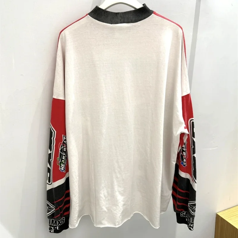 Cracked Print White Red Racing Style Vintage Saint Long Sleeve T-Shirt Loose Men Women Cotton Streetwear T Shirt Tops