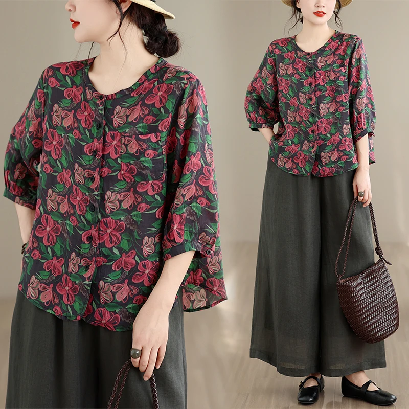 

Loose Cotton Linen Short Sleeve Floral Print Women's Shirt Outerwear Korean Style plus Size Summer New Arrival Artistic Strai...