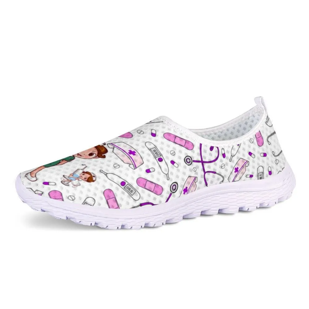 Cute Cartoon Nursing Doctor Surgery Printed Woman Flats Sneakers Mesh Nurse Shoes Women Light Weight Ladies Footwear