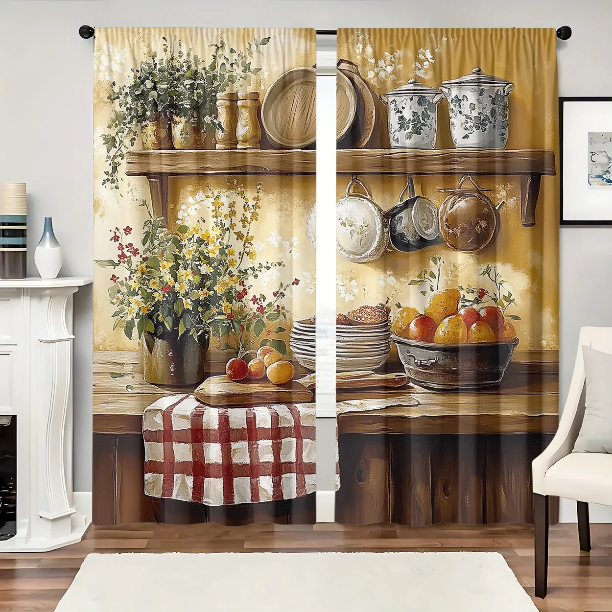 2PCS Vintage Curtains, Kitchen Shelf Fruit, Digital Print, Bedroom Living Room, Office, Kitchen, Bathroom, Dining Room