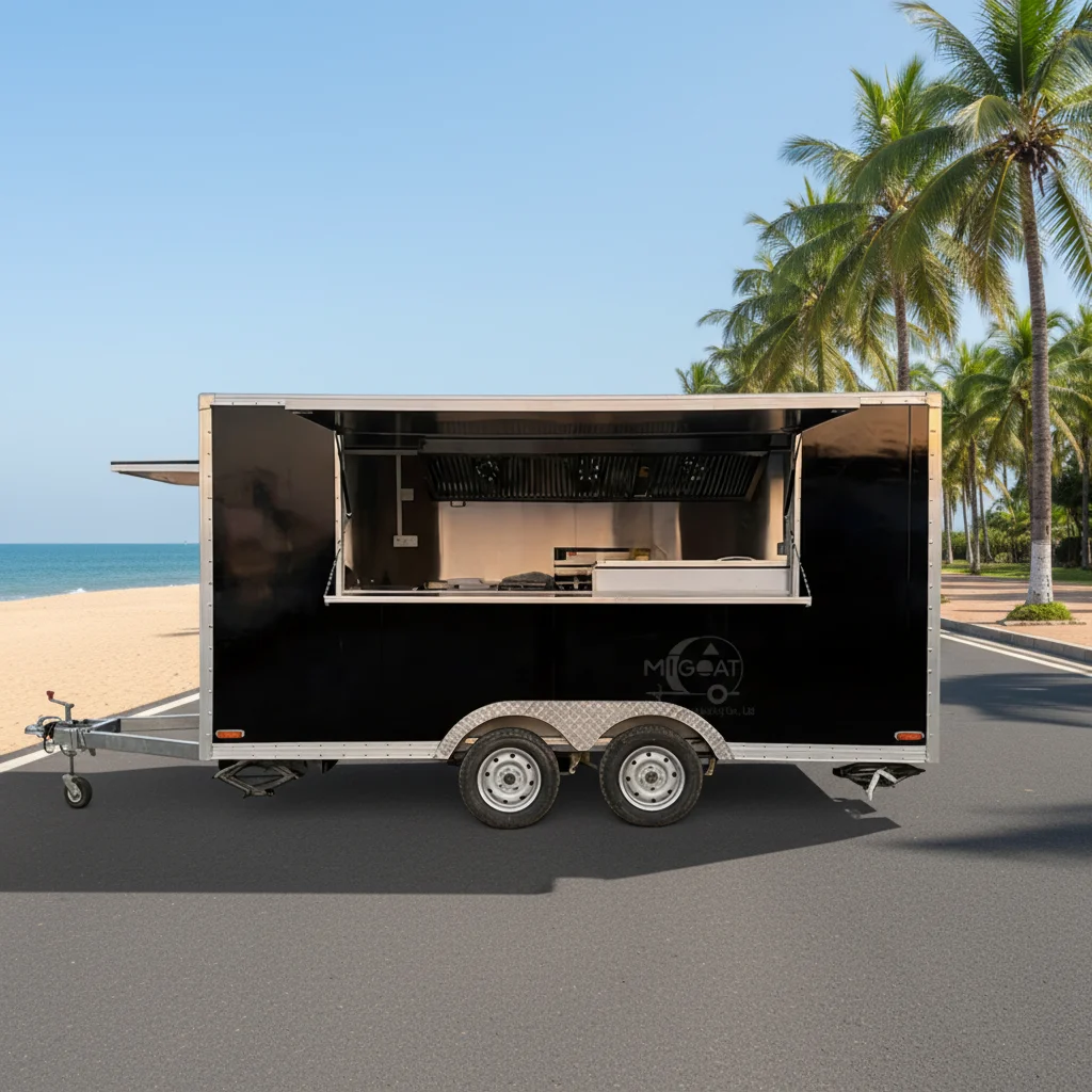 

Черный квадратный двухосный фудтрак из стекловолокна с вытяжкой из нержавеющей стали для продажи хот-догов, уличной торговли и кейтеринга