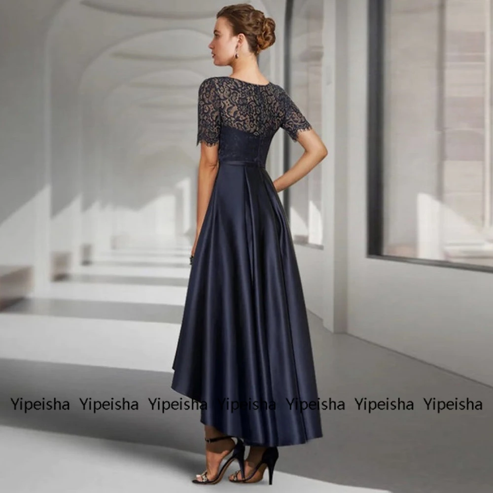 Yipeisha-Robe Mère de la Mariée en Satin Haut Bas, Manches Courtes, Bleu Marine Foncé, Dentelle, Nouvelle Collection Été 2023