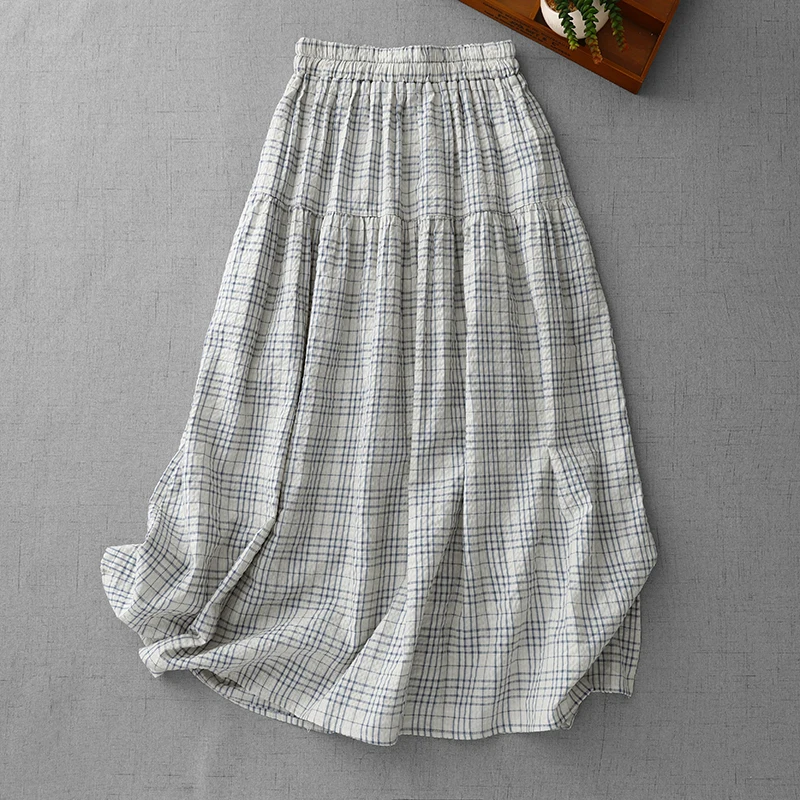 

Romantic Artistic Bubble Cotton Plaid f Skirt Women's Midi Skirt Summer Blue White Patchwork Gingham A-Line Skirt