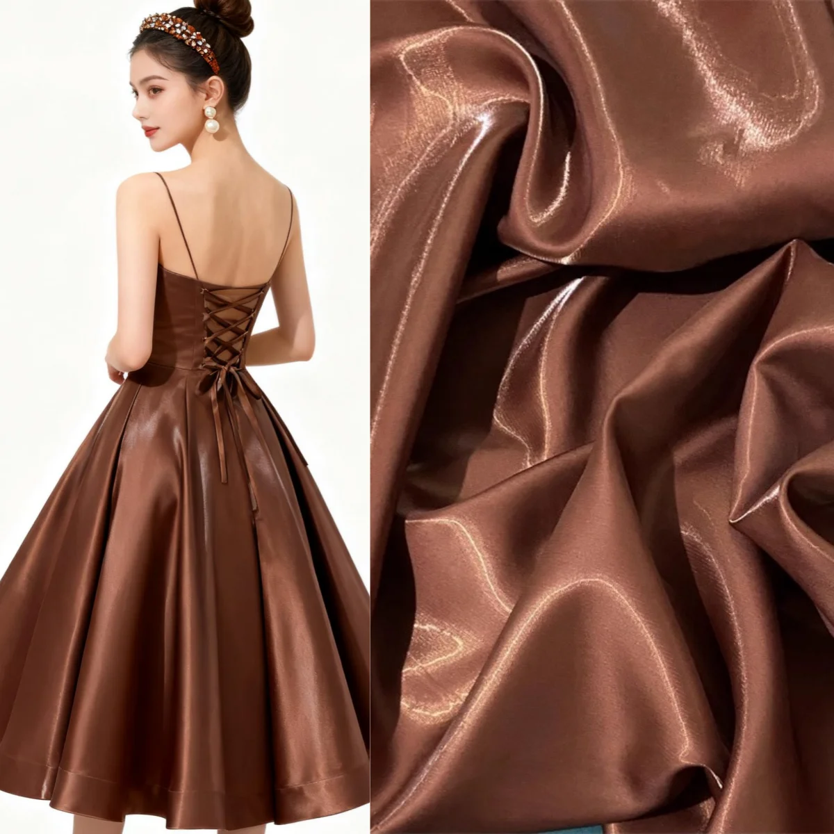 

dark brown luxurious glossy metallic liquid satin fabric sewing stage costumes suits fashion designer materials evening wear