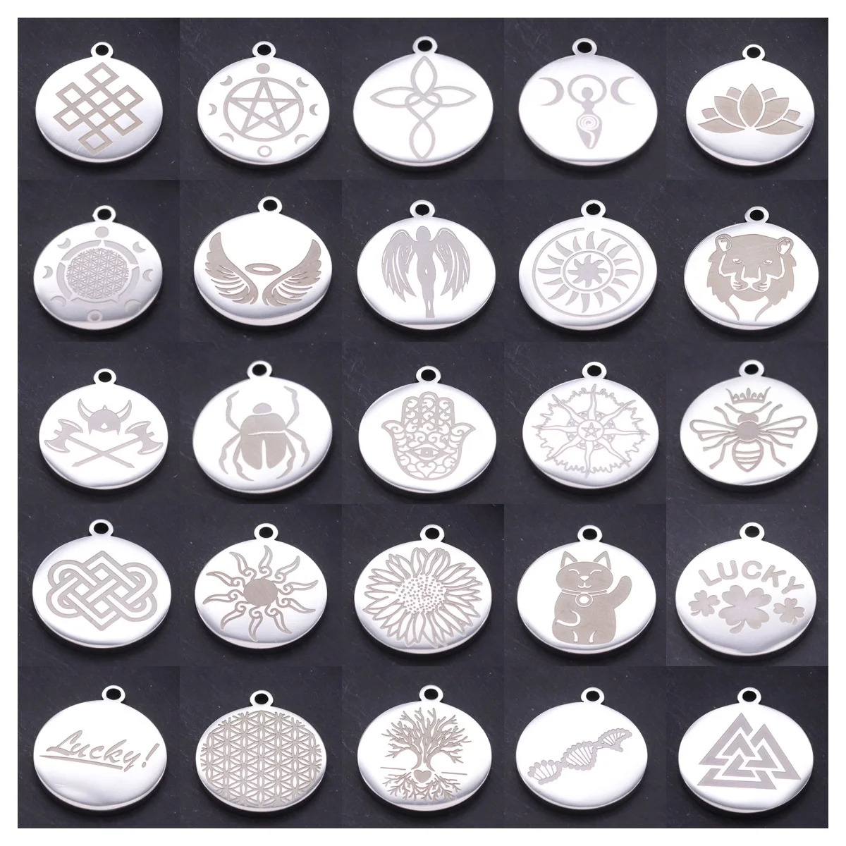 2pcs Stainless Steel Wicca Celtic Pendant Charms Triple Moon Knot Engraved Round Tag Charms DIY Handmade Jewelry Accessories