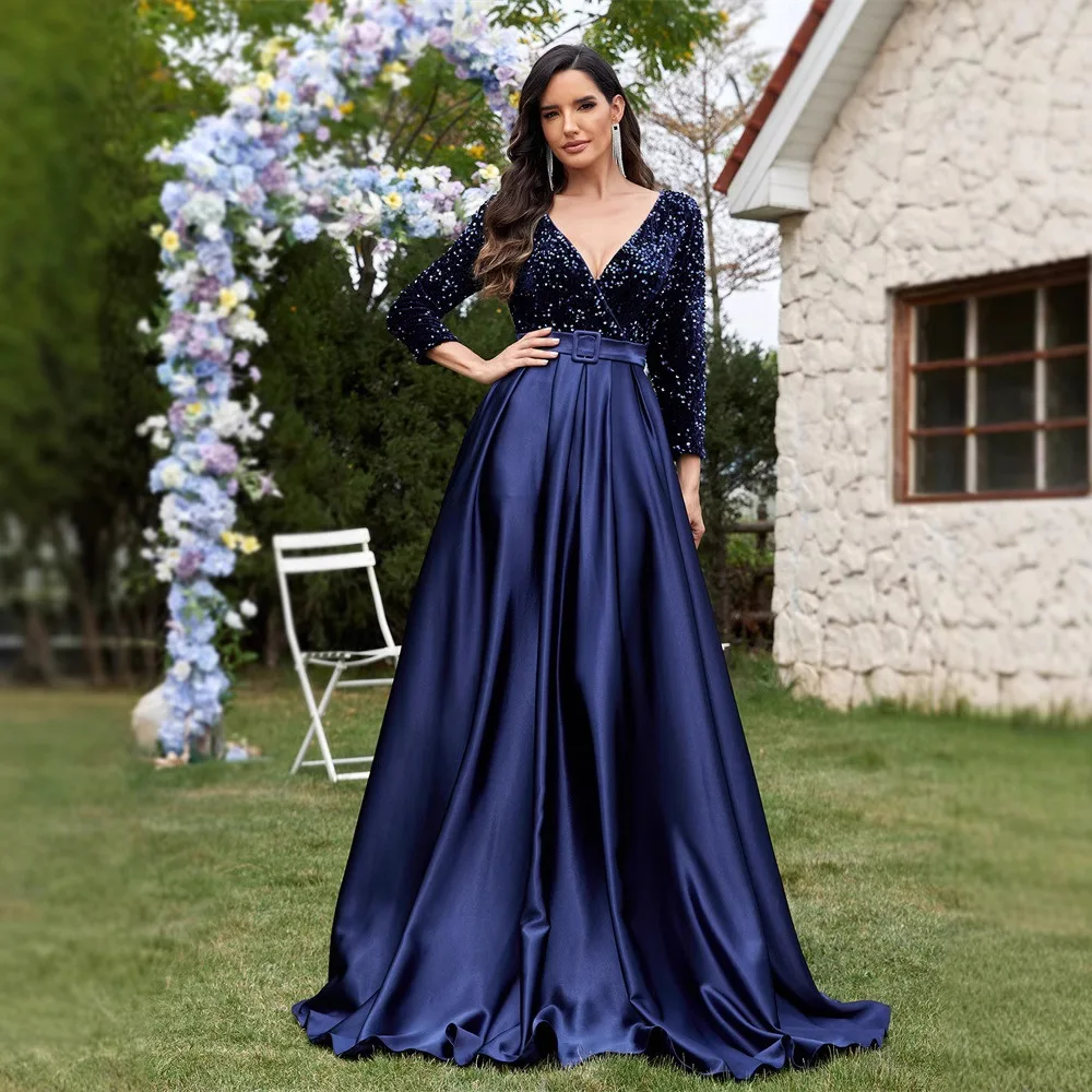 

Navy Blue V Neck 3/4 Sleeve Sequin Bodice Satin Skirt A Line Floor Length Outdoor Wedding Evening Gala Prom Maxi Gown