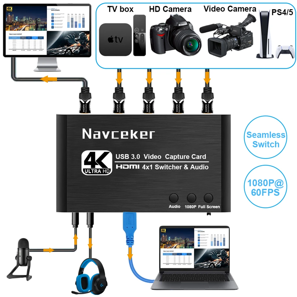 Imagem -04 - Cartão de Captura de Vídeo Compatível com Hdmi Grabber Recorder Seamless Switch Gravação da Câmera Live Streaming 4k Usb 3.0 2023