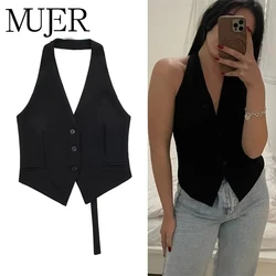 MUJER 2025 Black Sleeveless Vest Women Off Shoulder Cropped Vest Top Woman Fashion Backless V Neck Short Coats Summer Waistcoat
